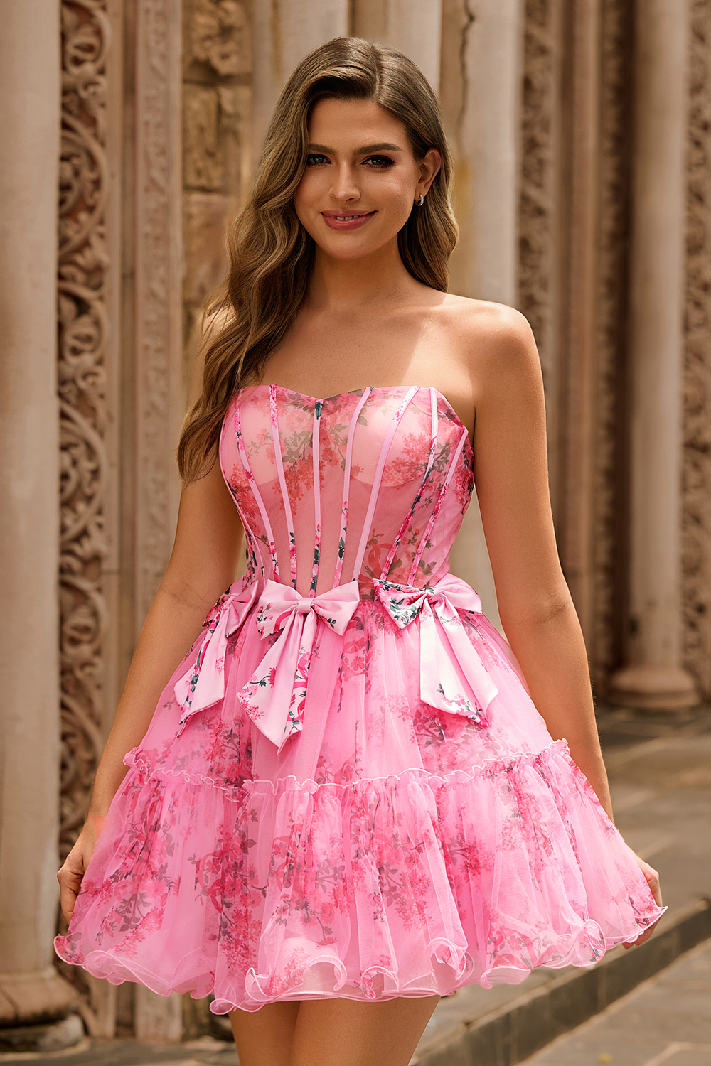 Fuchsia A-Line Floral Print Corset Tulle Homecoming Dress with Bows