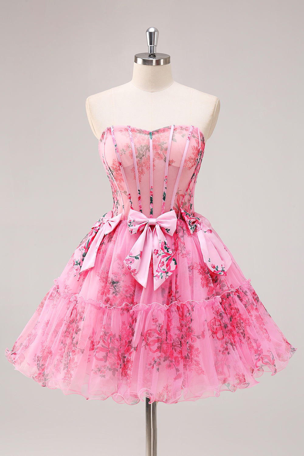 Fuchsia A-Line Floral Print Corset Tulle Homecoming Dress with Bows