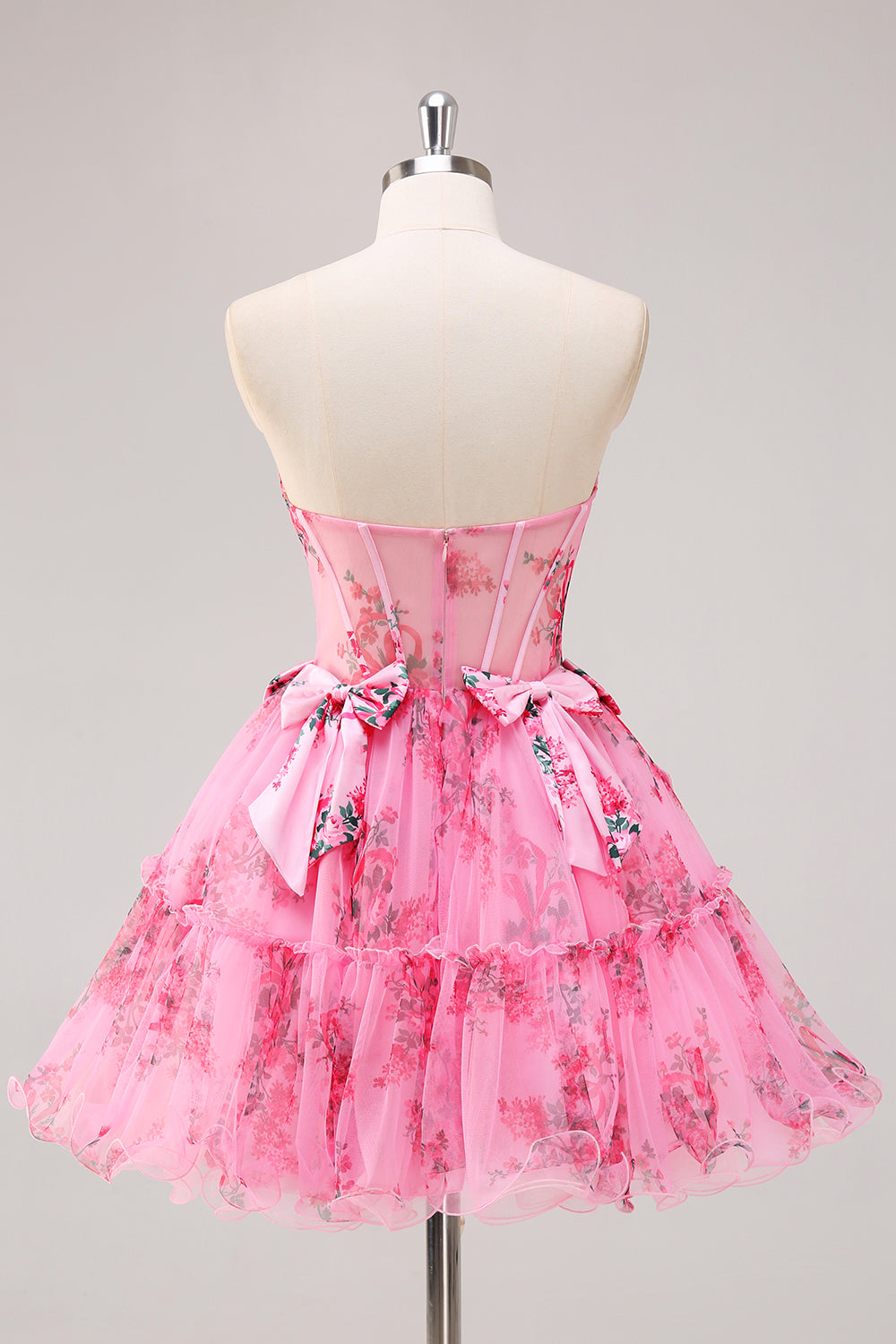 Fuchsia A-Line Floral Print Corset Tulle Homecoming Dress with Bows
