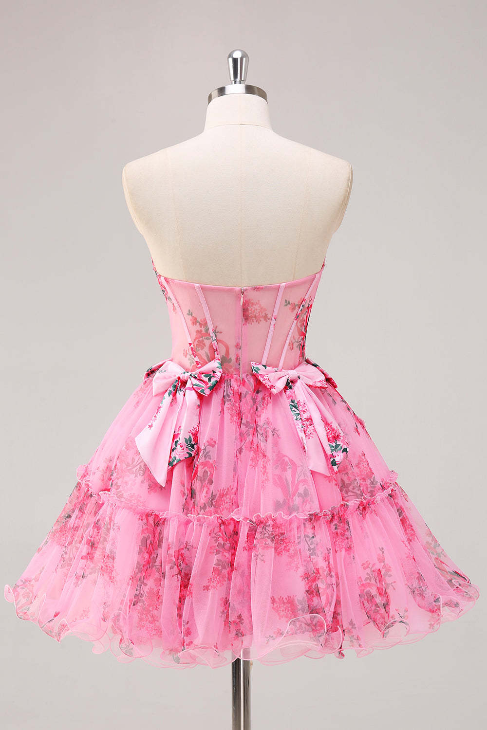 Fuchsia A-Line Floral Print Corset Tulle Homecoming Dress with Bows