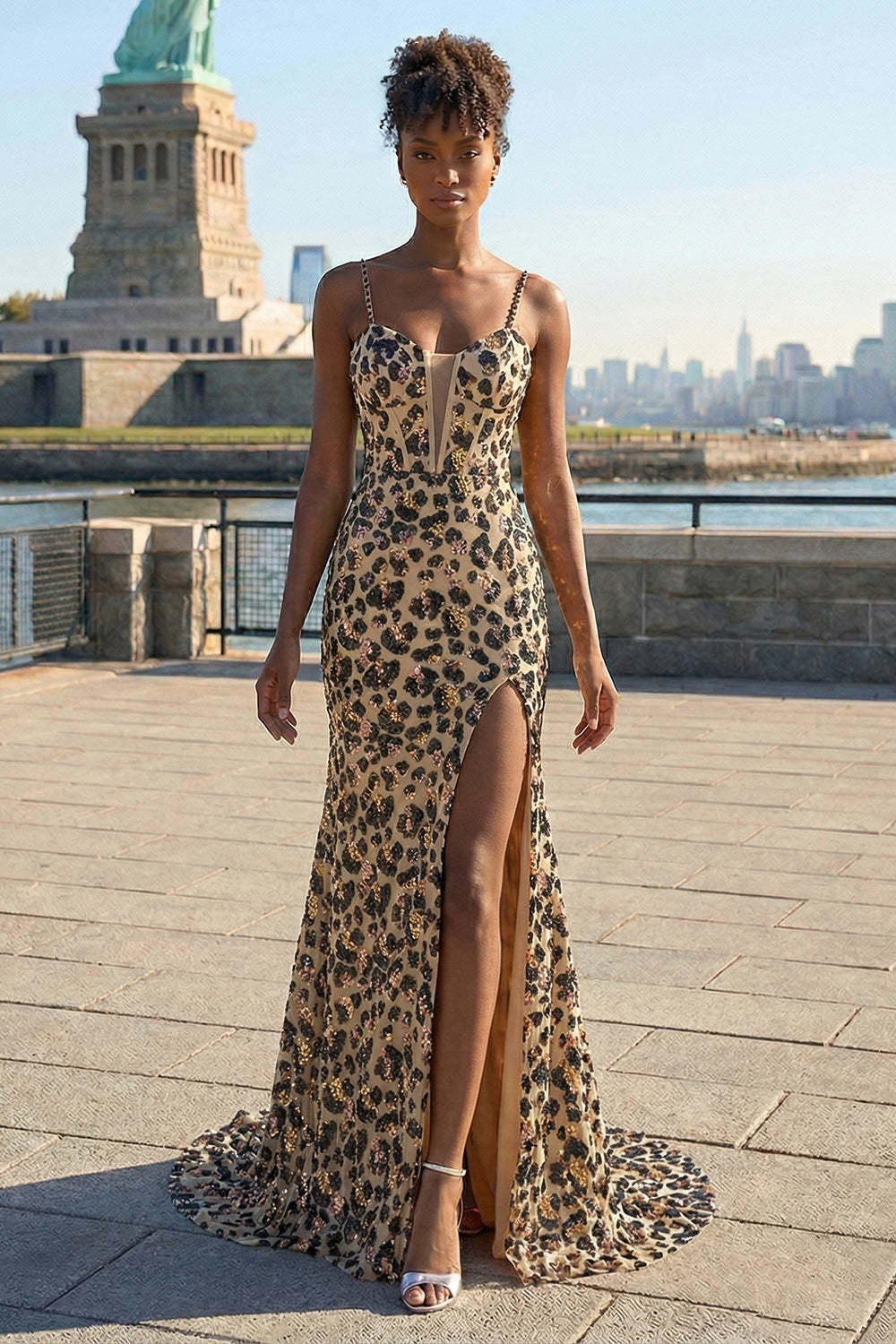 Leely Women Khaki Leopard Printed Corset Maxi Prom Dress with Slit Sparkly Spaghetti Straps Gala Dress with Beading