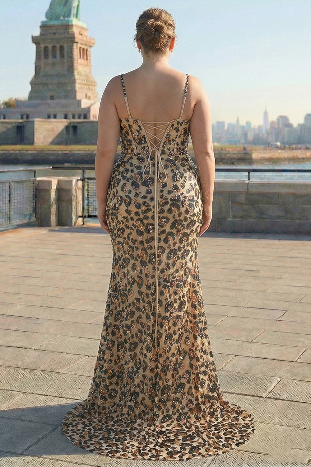 Khaki Leopard Printed Corset Spaghetti Straps Prom Dress with Slit