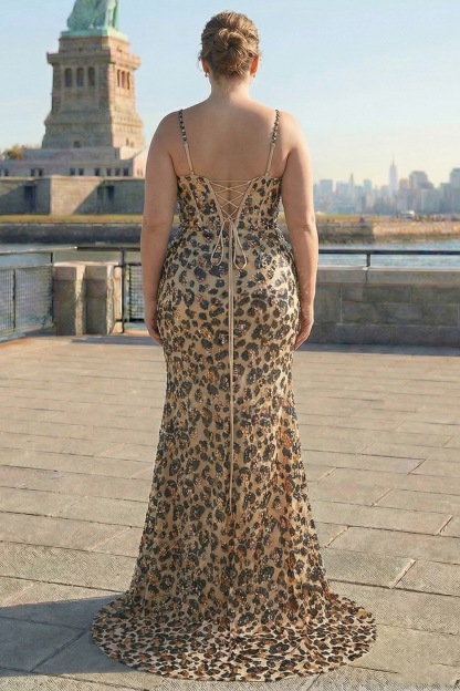 Khaki Leopard Printed Corset Spaghetti Straps Prom Dress with Slit