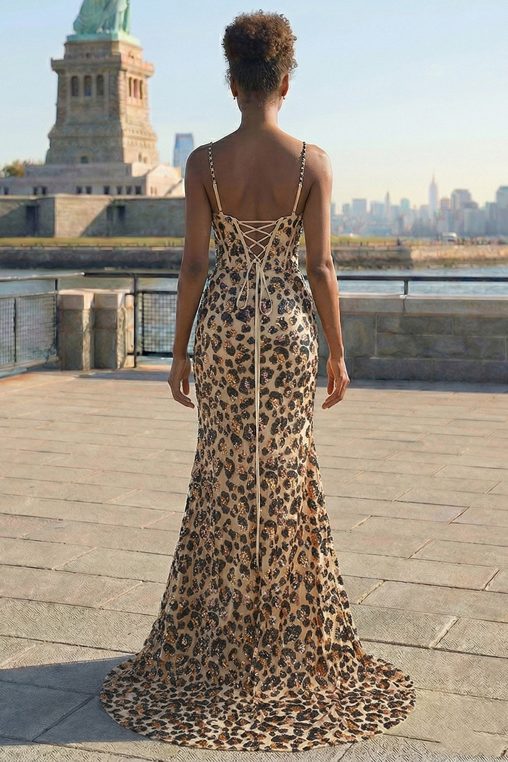 Khaki Leopard Printed Corset Spaghetti Straps Prom Dress with Slit