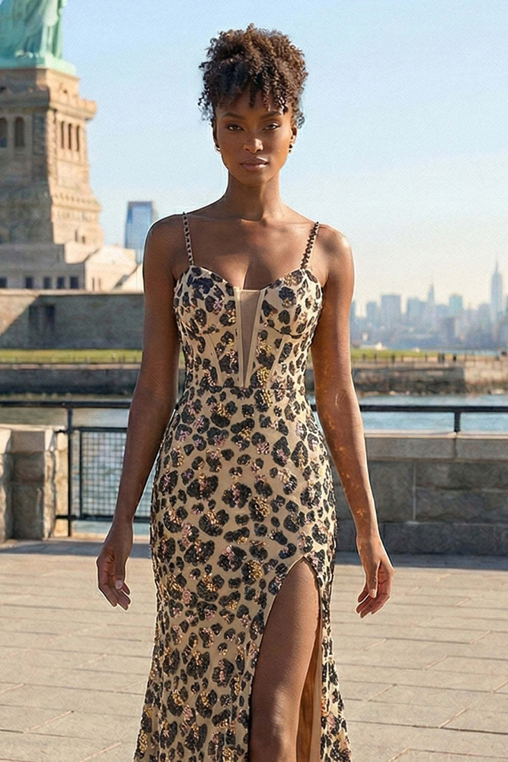 Khaki Leopard Printed Corset Spaghetti Straps Prom Dress with Slit