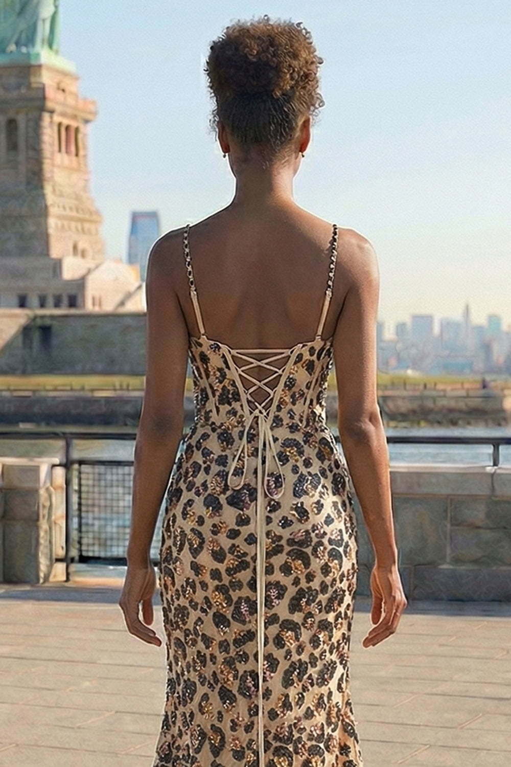 Khaki Leopard Printed Corset Spaghetti Straps Prom Dress with Slit