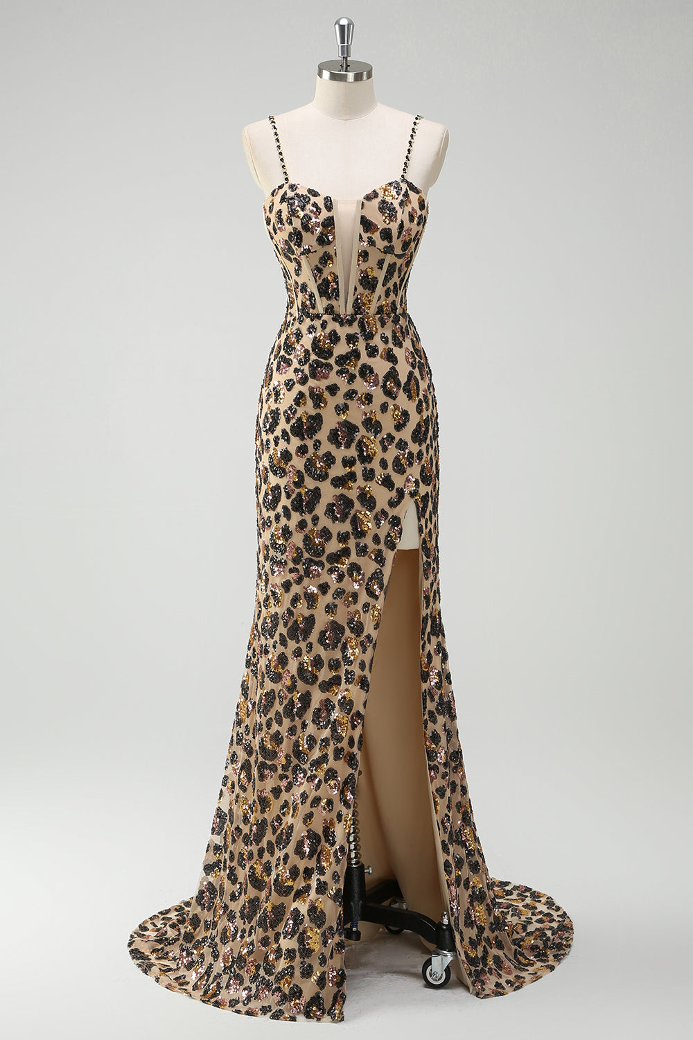 Khaki Leopard Printed Corset Spaghetti Straps Prom Dress with Slit