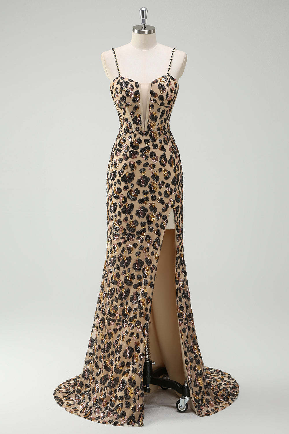 Khaki Leopard Printed Corset Spaghetti Straps Prom Dress with Slit