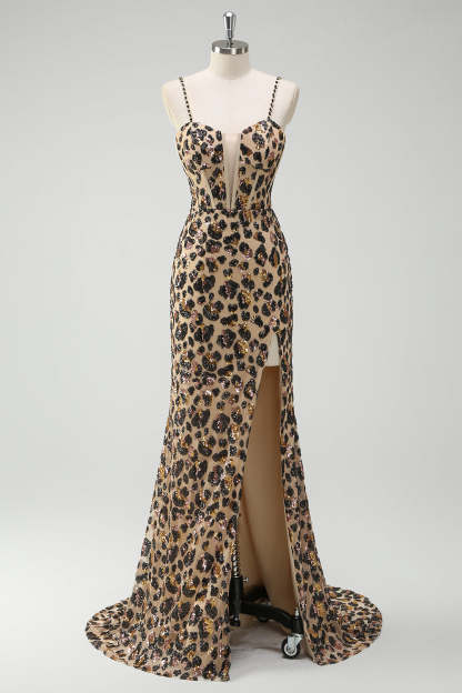 Khaki Leopard Printed Corset Spaghetti Straps Prom Dress with Slit