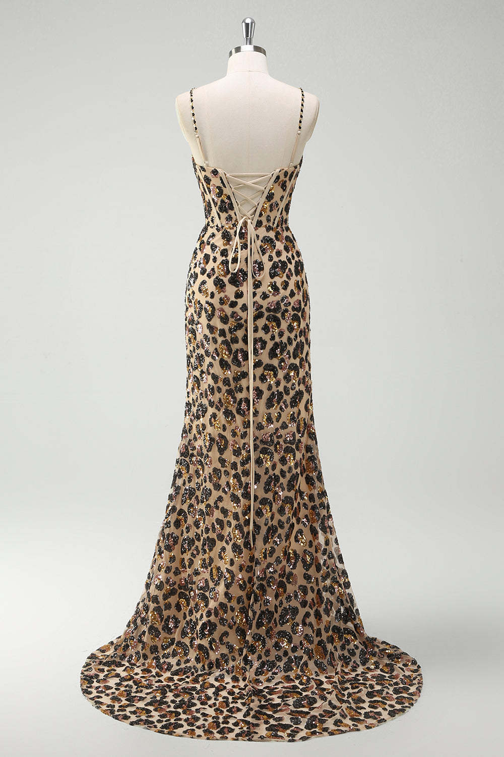 Khaki Leopard Printed Corset Spaghetti Straps Prom Dress with Slit