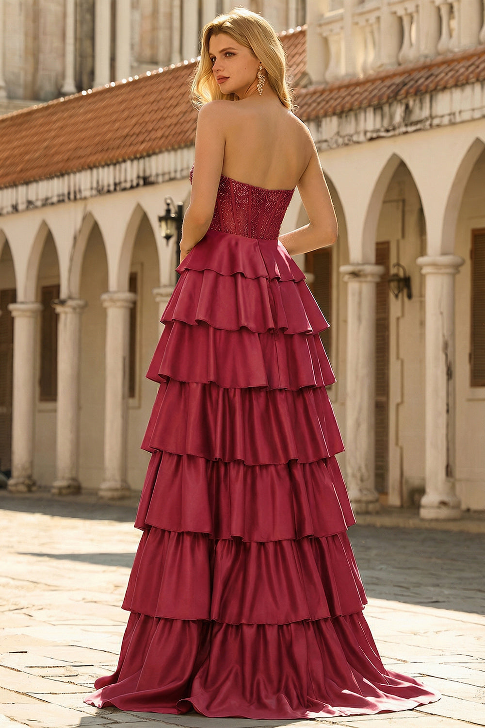 Burgundy Strapless Plus Size Tiered Satin Corset A-Line Prom Dress