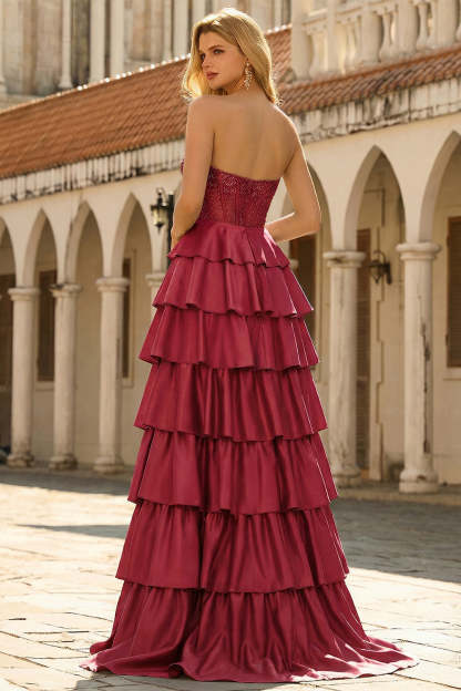 Green Strapless Tiered Corset Satin A-Line Prom Dress