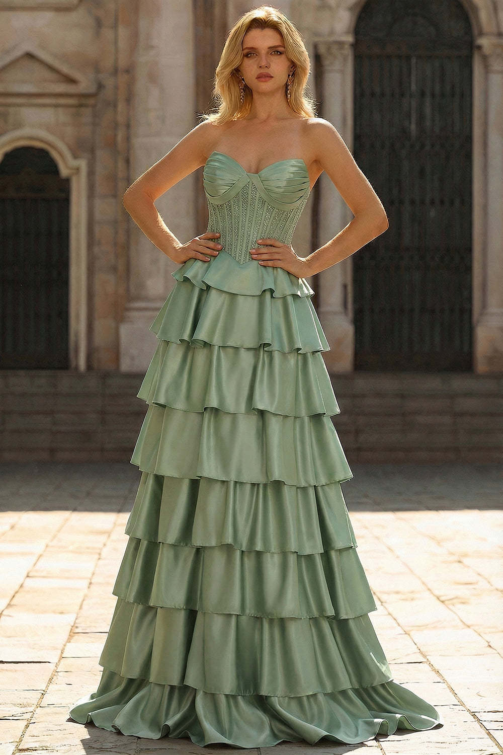 Green Strapless Tiered Corset Satin A-Line Prom Dress