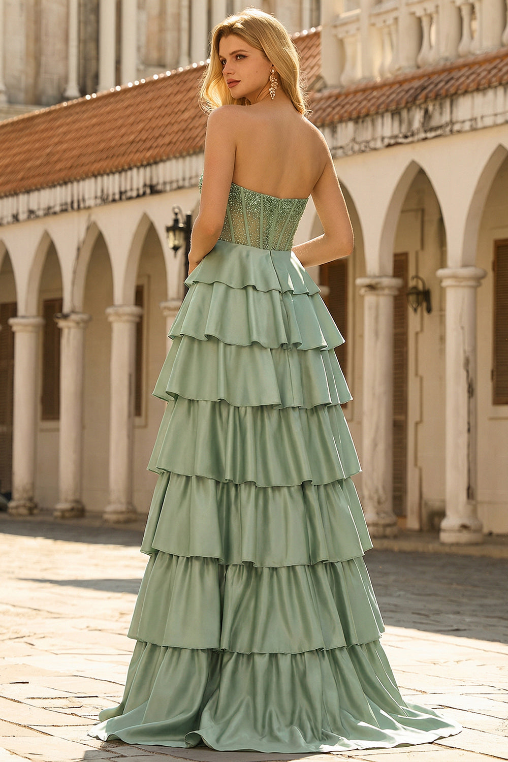 Green Strapless Tiered Corset Satin A-Line Prom Dress