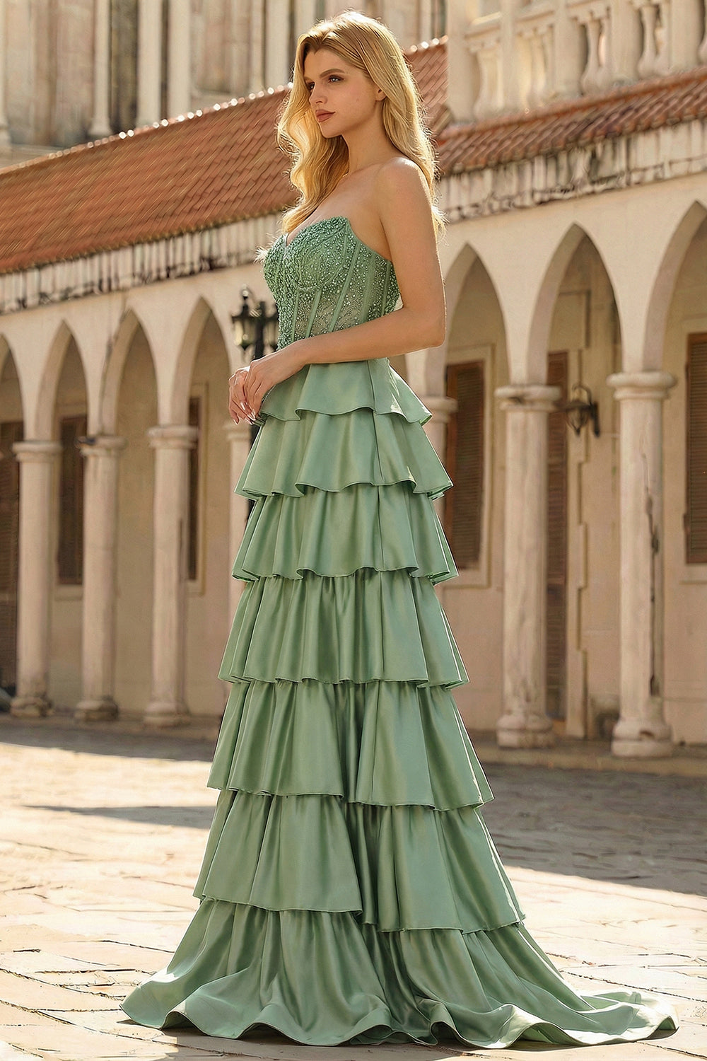 Green Strapless Tiered Corset Satin A-Line Prom Dress