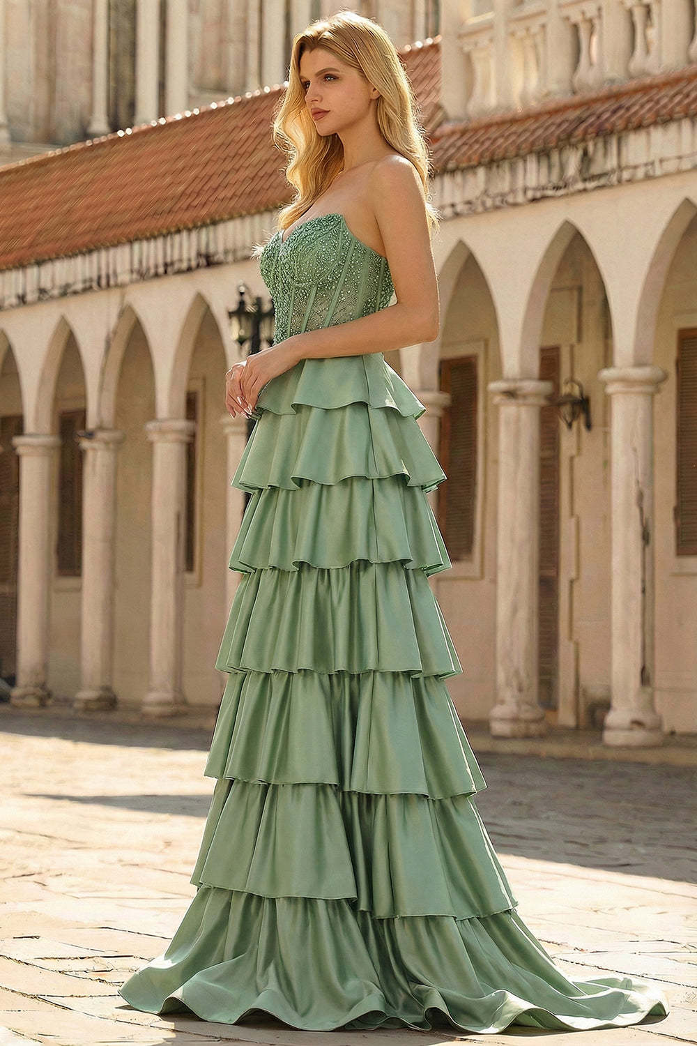 Green Strapless Tiered Corset Satin A-Line Prom Dress