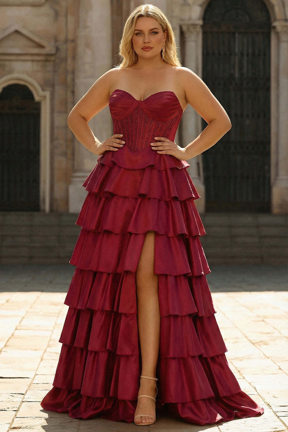 Leely Women Burgundy Princess Corset Plus Size Tiered Satin Prom Dress Strapless A-Line Floor Length Gala Dress