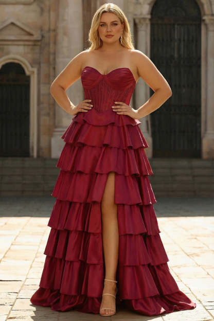 Leely Women Burgundy Princess Corset Plus Size Tiered Satin Prom Dress Strapless A-Line Floor Length Gala Dress