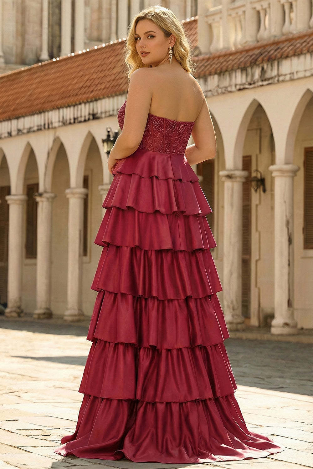 Burgundy Strapless Plus Size Tiered Satin Corset A-Line Prom Dress