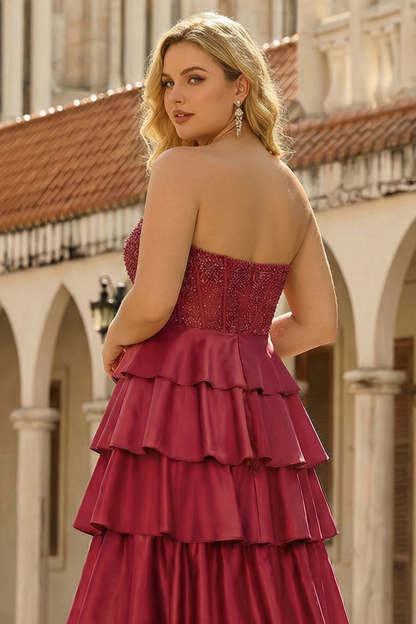 Burgundy Strapless Plus Size Tiered Satin Corset A-Line Prom Dress