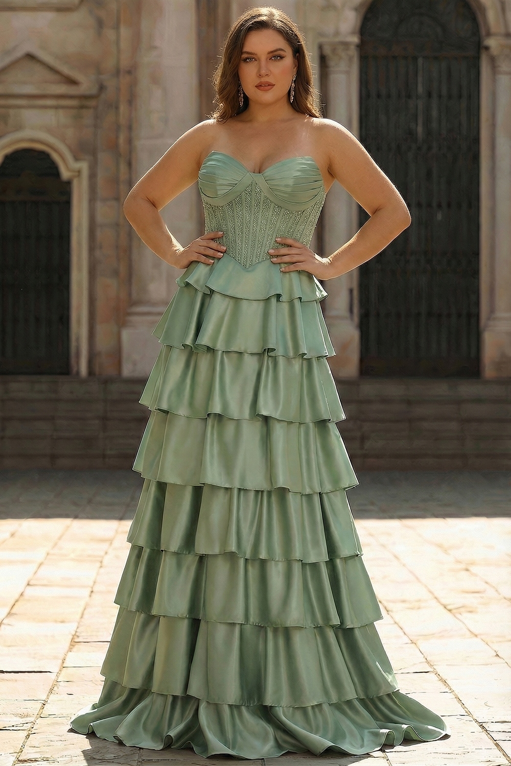 Green Strapless Tiered Corset Satin A-Line Prom Dress