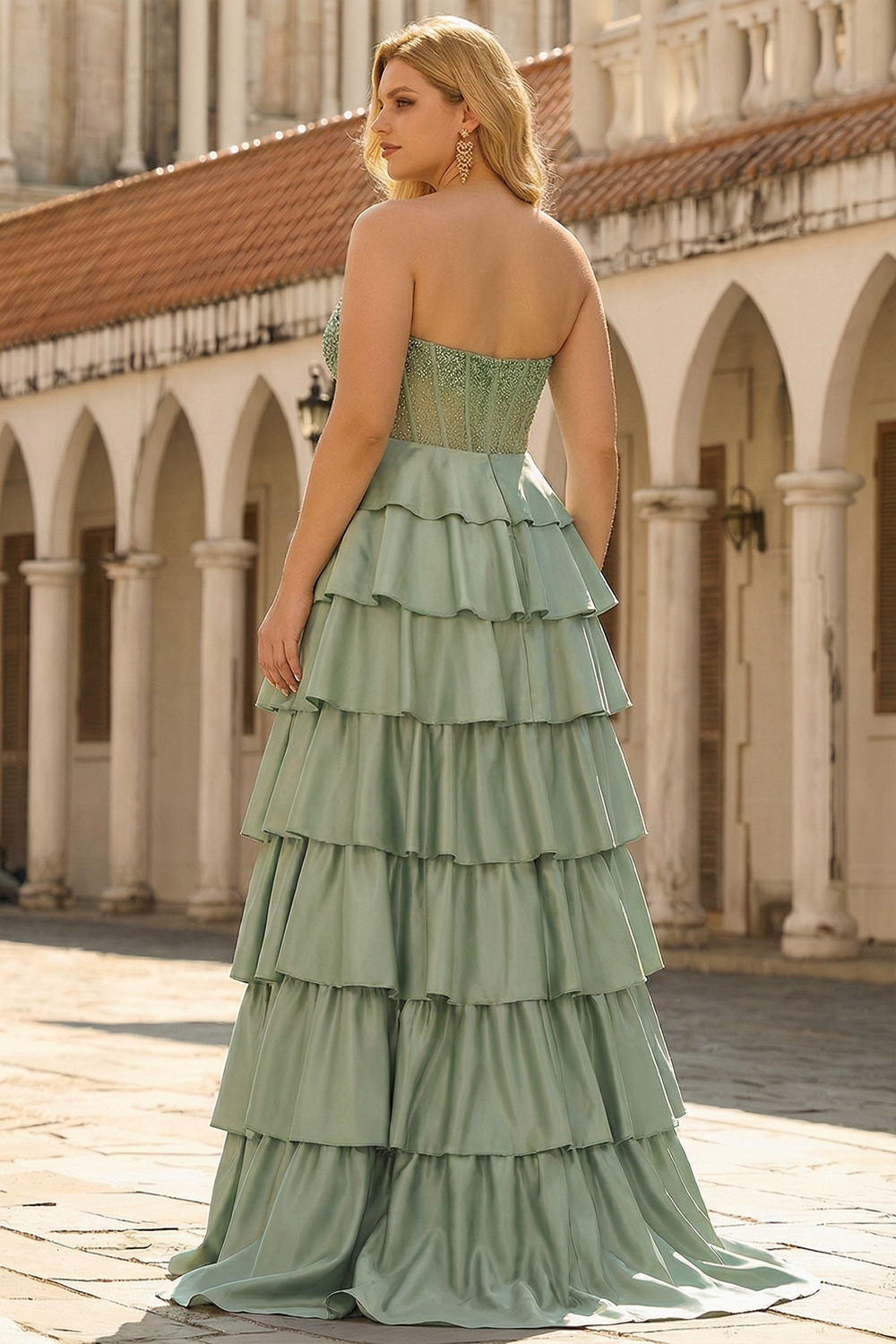 Green Strapless Tiered Corset Satin A-Line Prom Dress