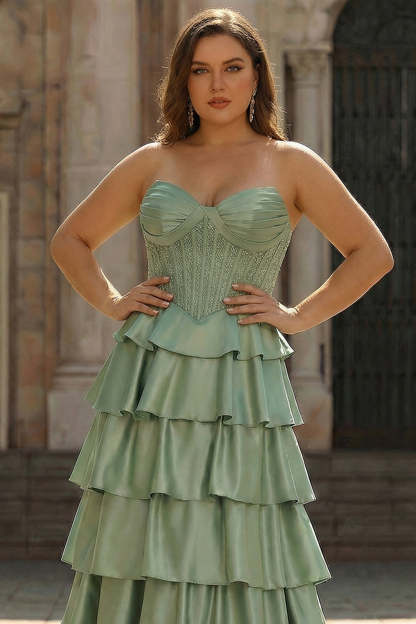 Burgundy Strapless Plus Size Tiered Satin Corset A-Line Prom Dress