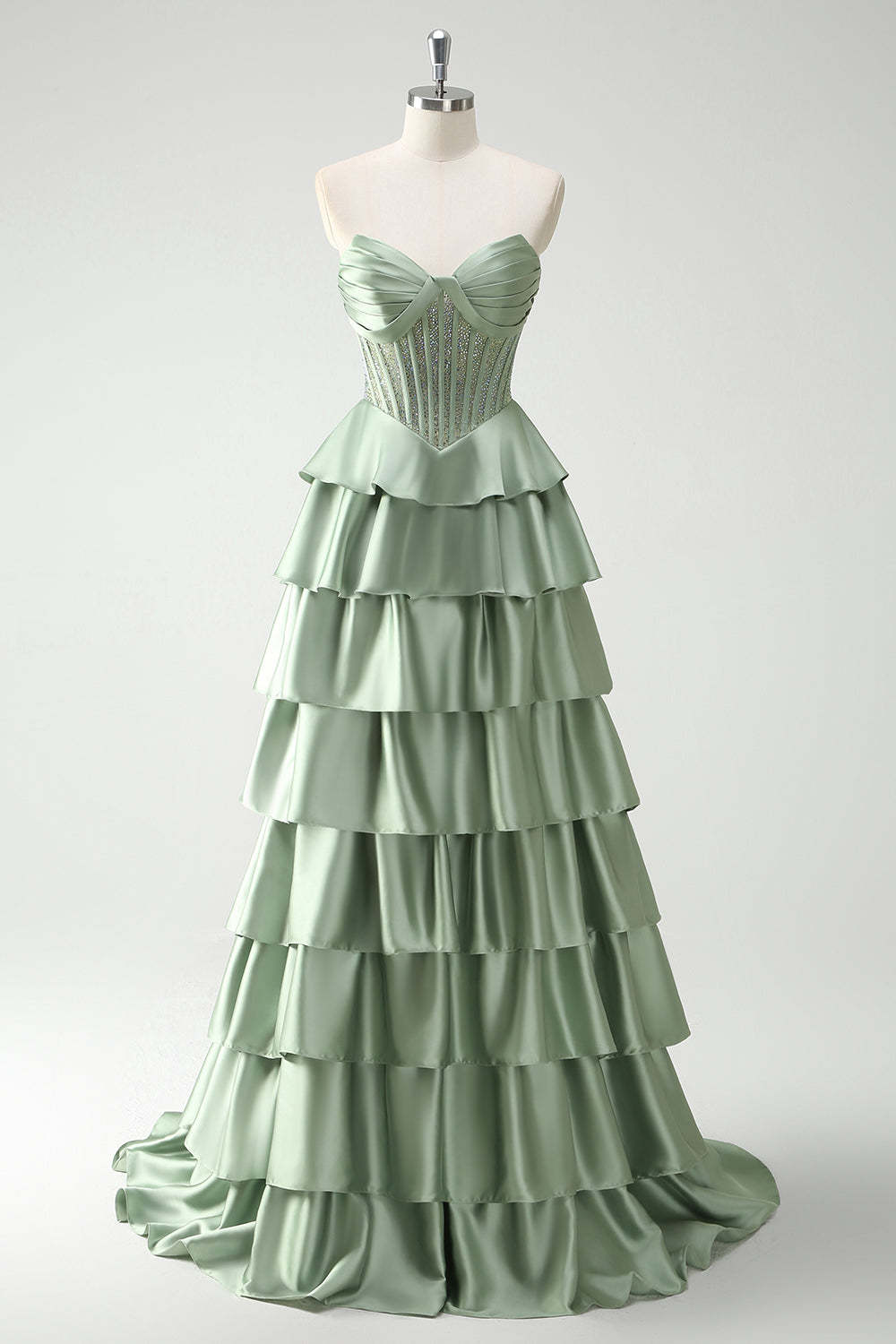 Green Strapless Tiered Corset Satin A-Line Prom Dress