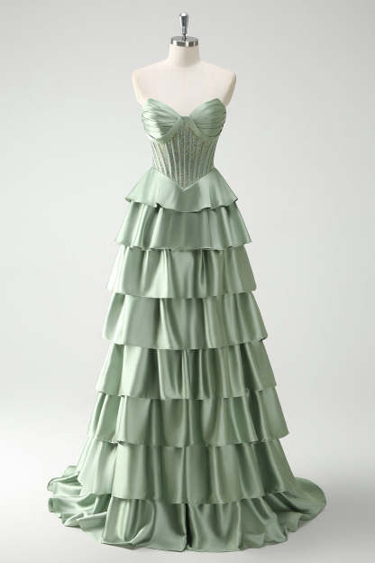 Green Strapless Tiered Corset Satin A-Line Prom Dress