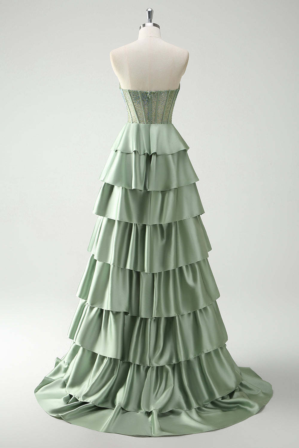 Green Strapless Tiered Corset Satin A-Line Prom Dress