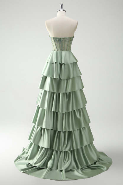 Green Strapless Tiered Corset Satin A-Line Prom Dress