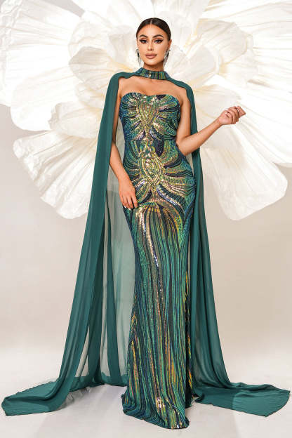 Green Sparkly Sequined Mermaid Prom Dress with Long Wrap