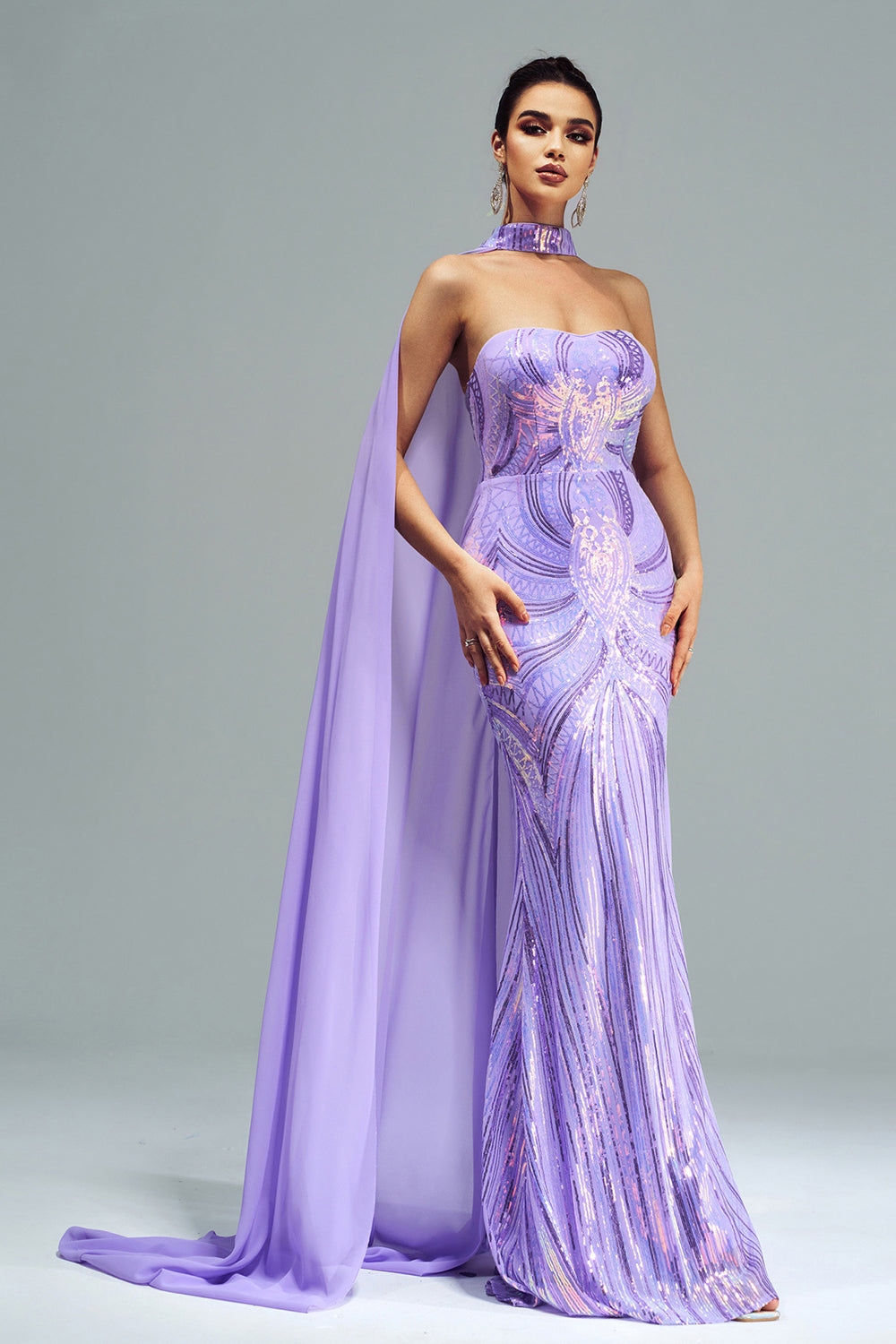 Leely Women Green Sparkly Sequined Mermaid Evening Dress Strapless Printed Evening Dress with Long Wrap