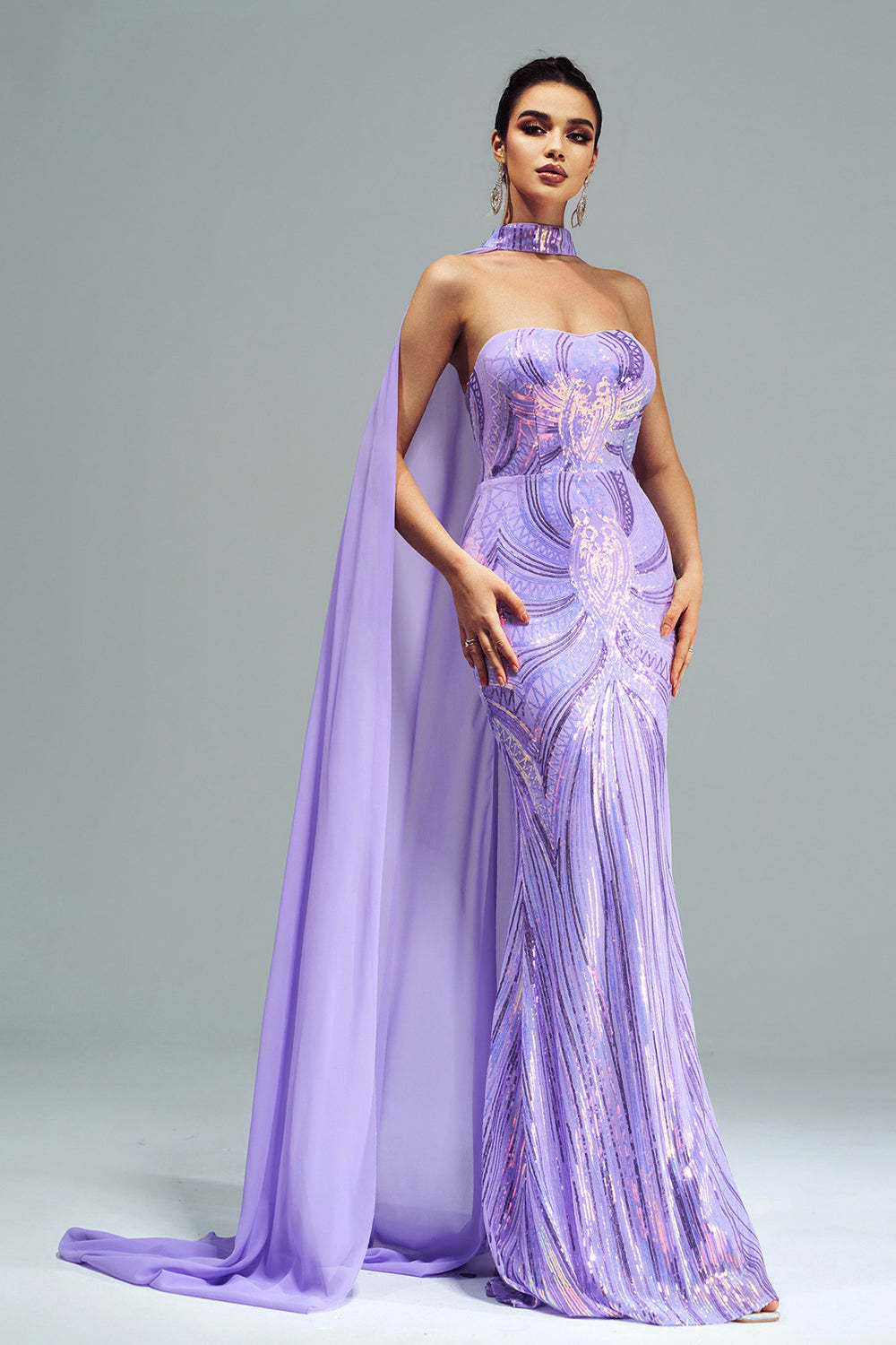 Leely Women Green Sparkly Sequined Mermaid Evening Dress Strapless Printed Evening Dress with Long Wrap