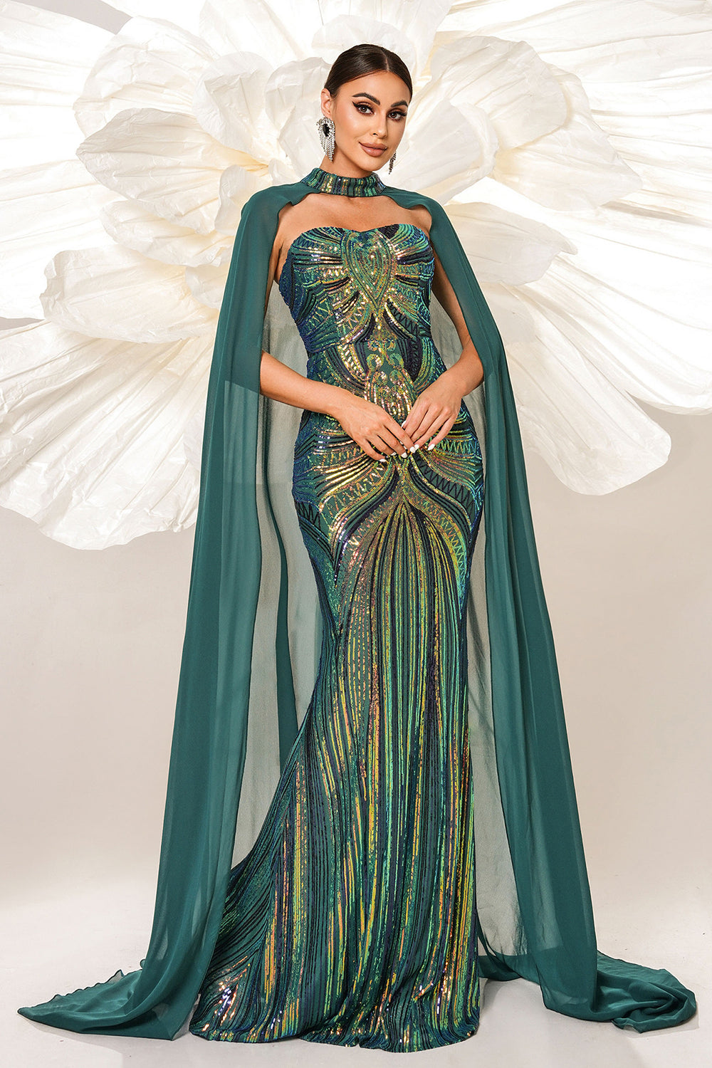 Green Sparkly Sequined Mermaid Prom Dress with Long Wrap