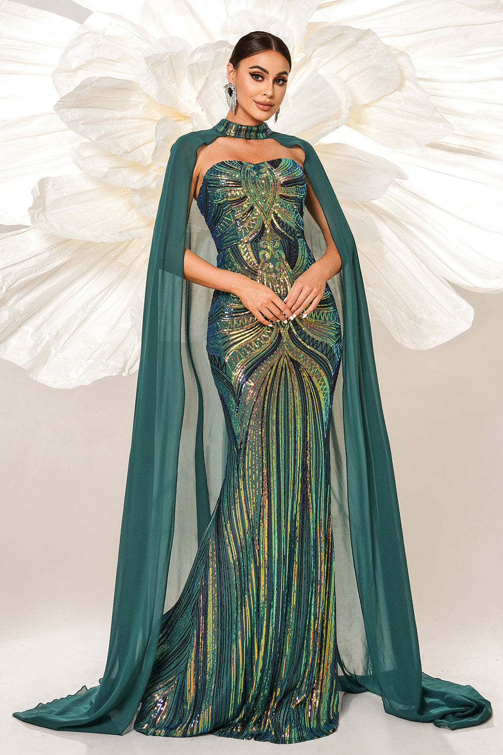 Green Sparkly Sequined Mermaid Prom Dress with Long Wrap
