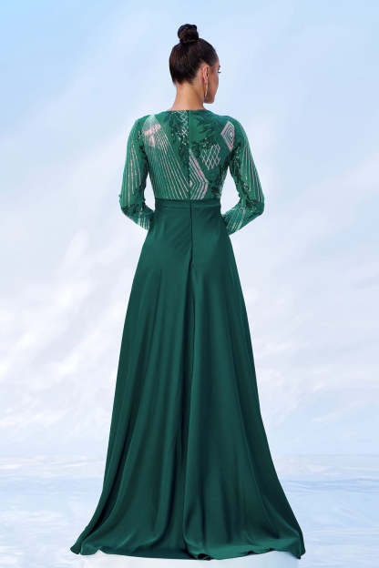 Green Sequins Printed Prom Dress with Long Sleeves