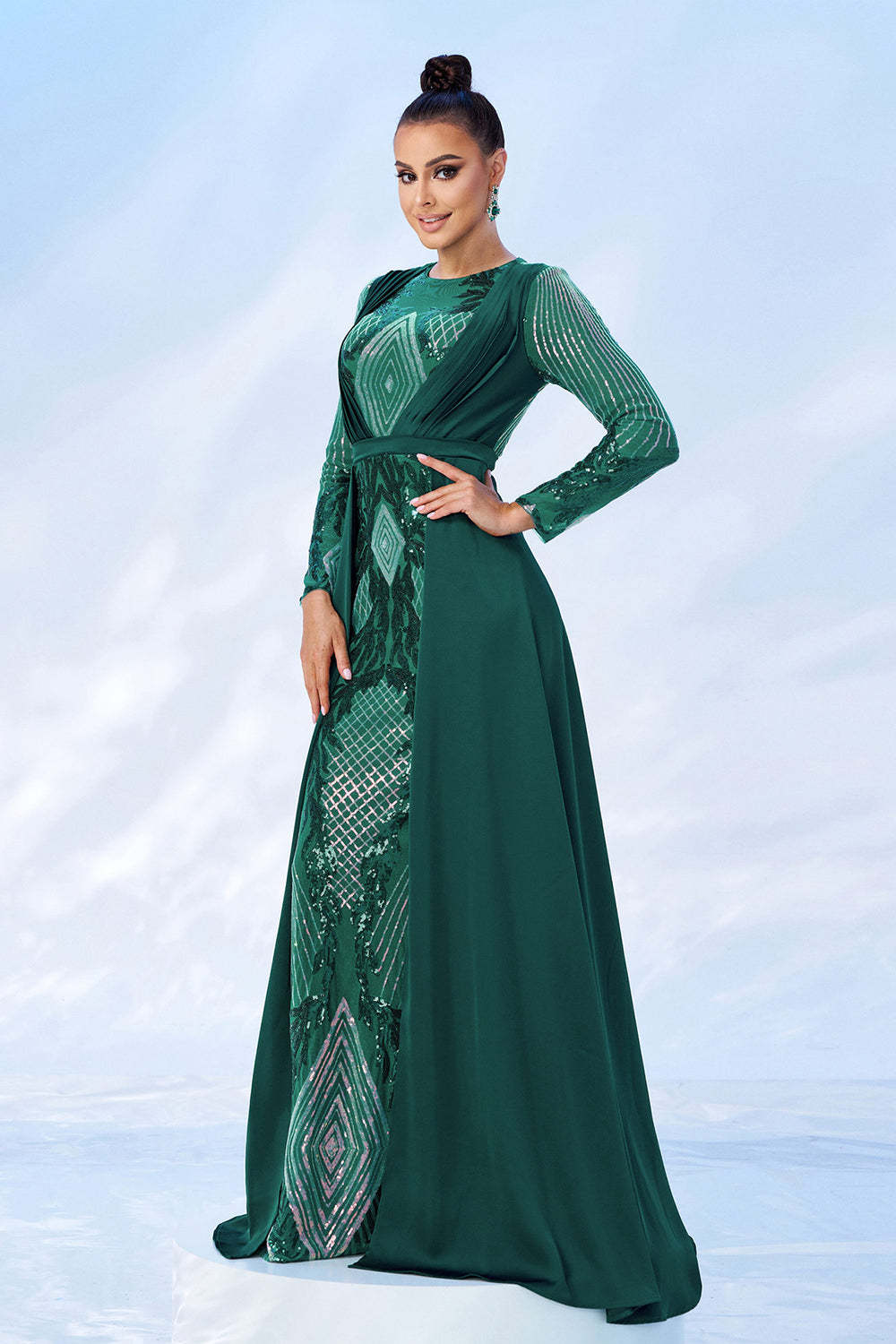 Green Sequins Printed Prom Dress with Long Sleeves