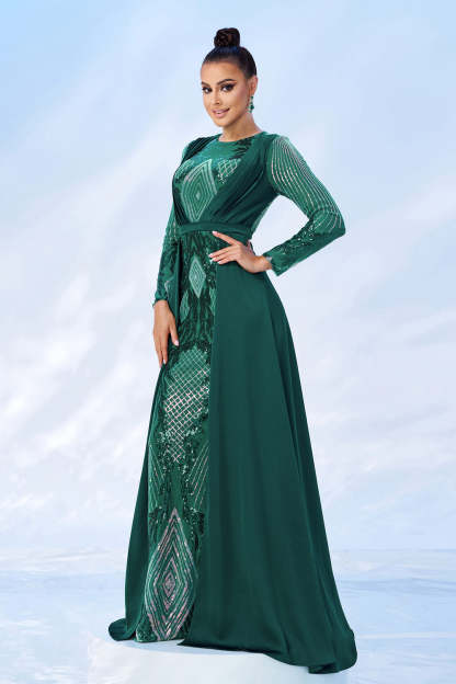 Green Sequins Printed Prom Dress with Long Sleeves