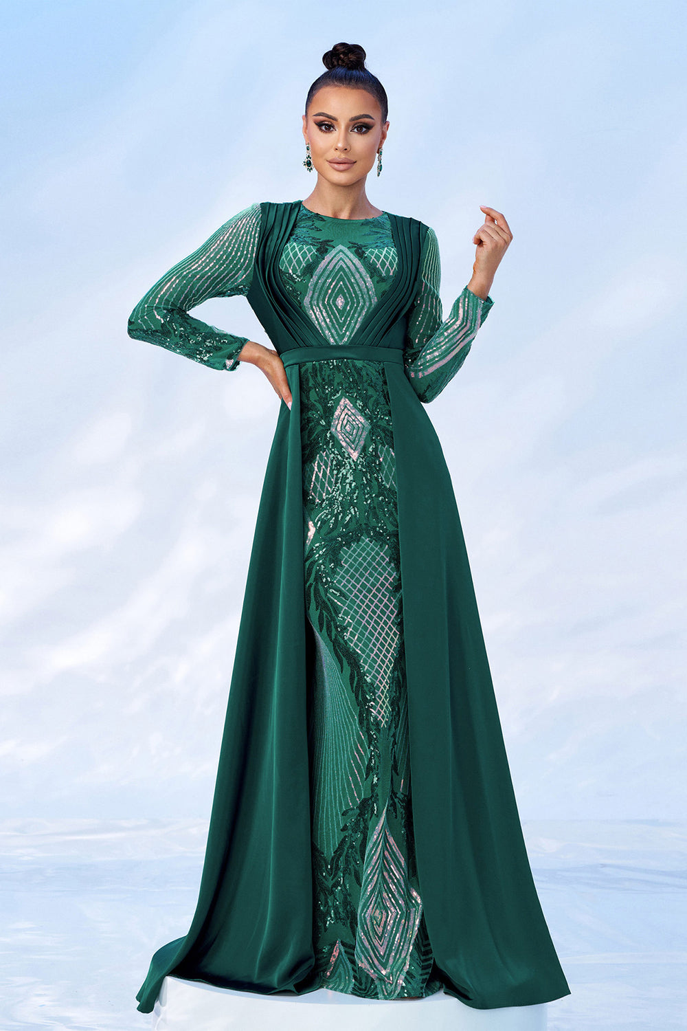 Green Sequins Printed Prom Dress with Long Sleeves