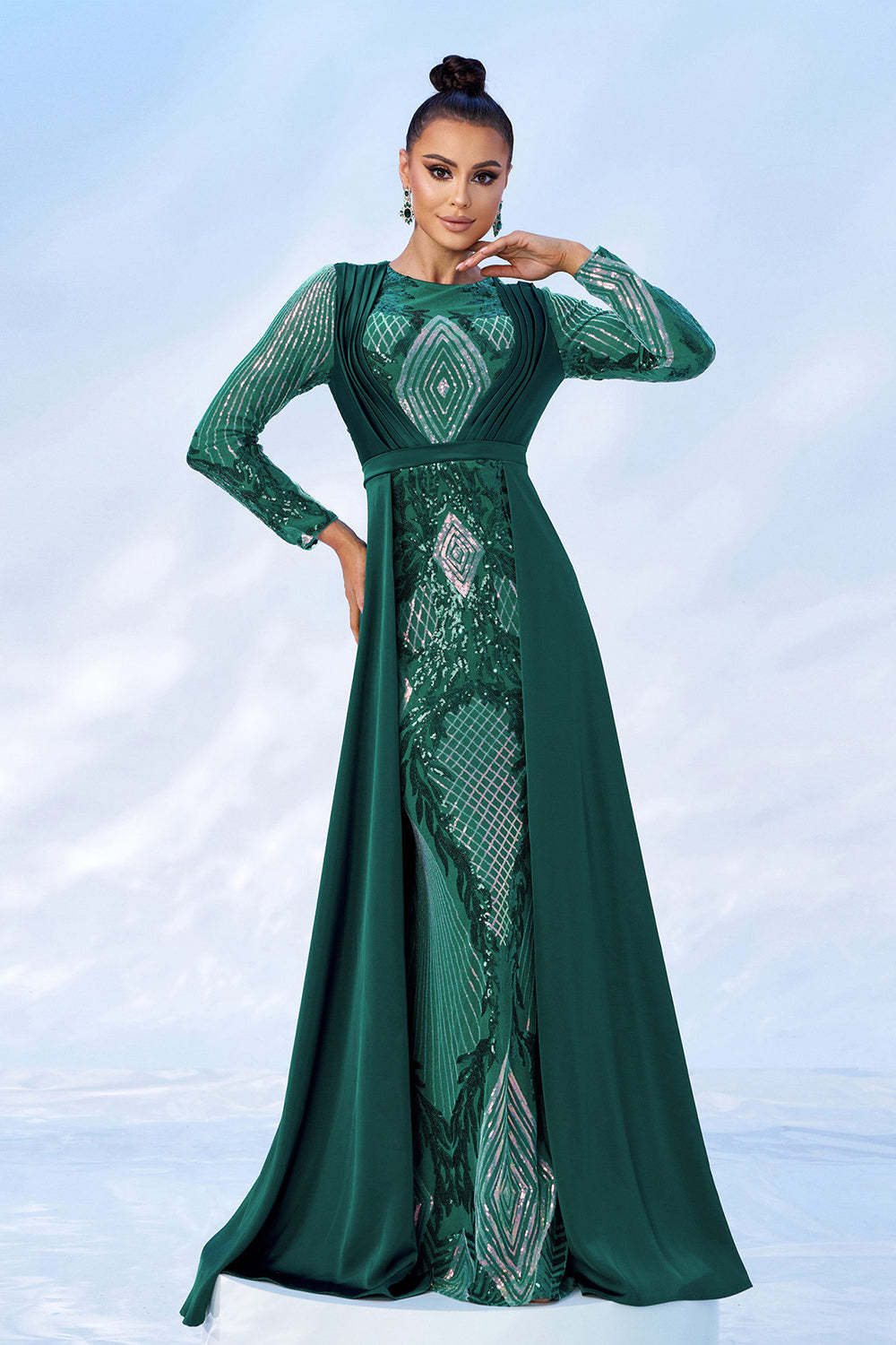 Green Sequins Printed Prom Dress with Long Sleeves