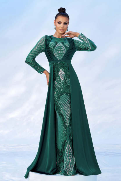 Green Sequins Printed Prom Dress with Long Sleeves