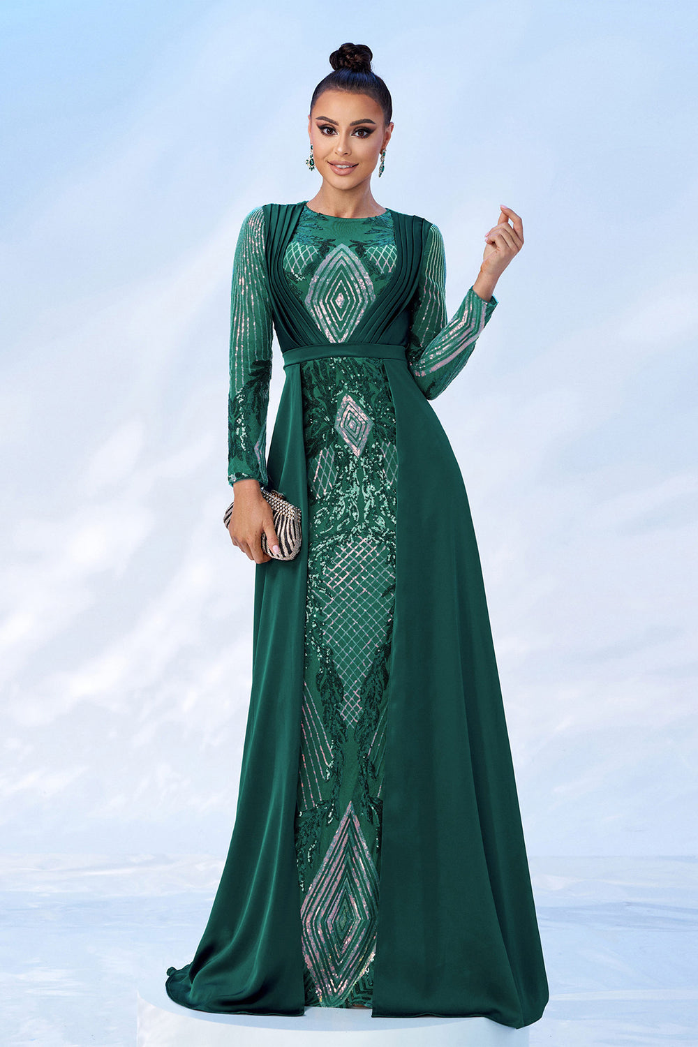 Green Sequins Printed Prom Dress with Long Sleeves