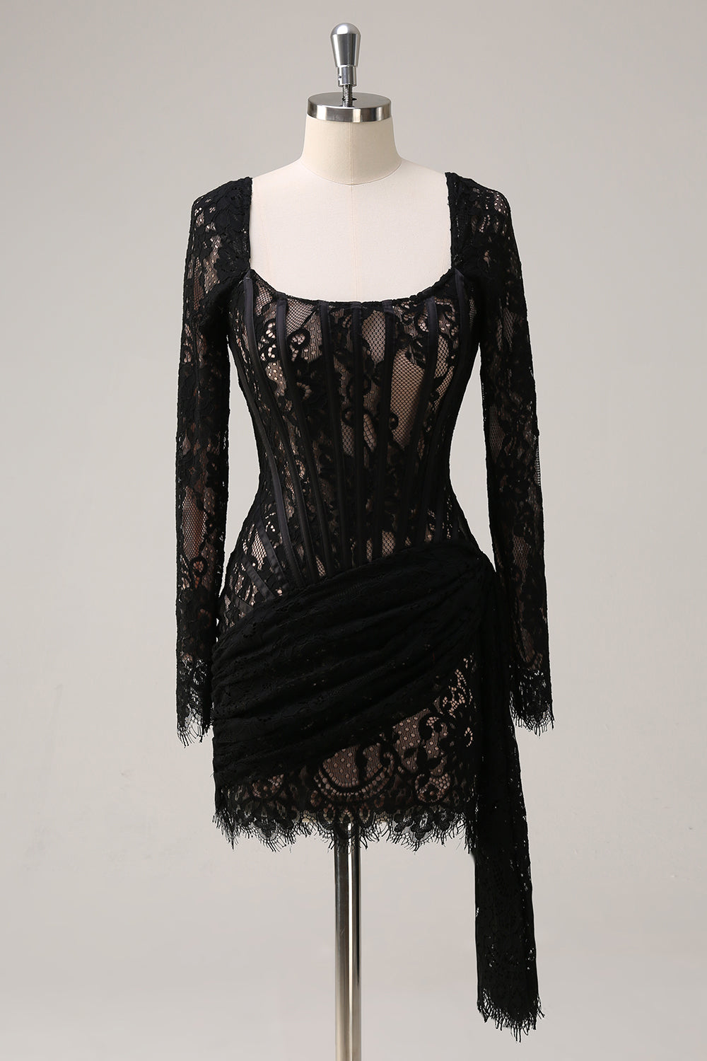 Leely Women Black Long Sleeves Mini Bodycon Lace Party Dress Scoop Neck Cocktail Dress with Lace Up Back