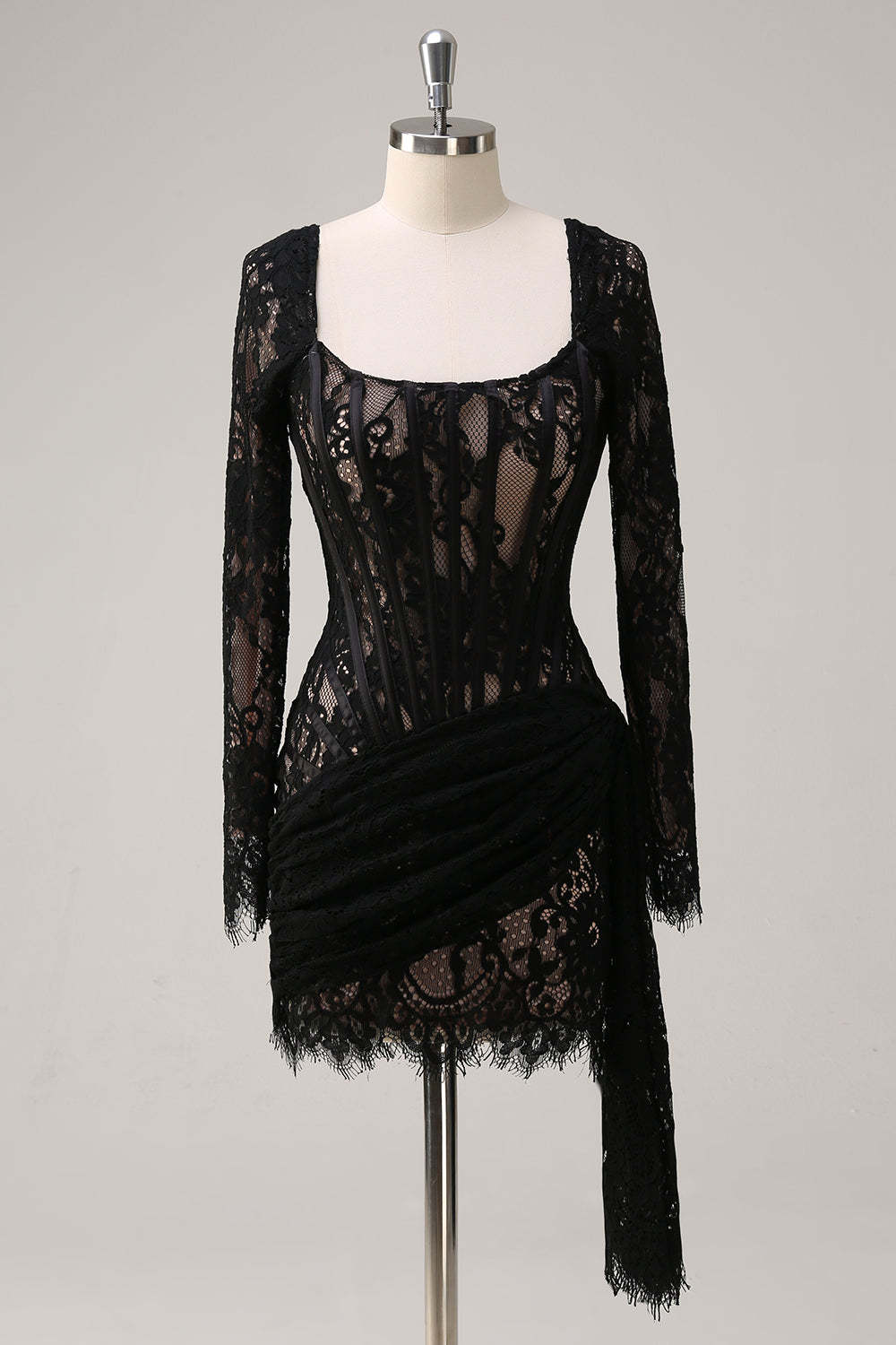 Leely Women Black Long Sleeves Mini Bodycon Lace Party Dress Scoop Neck Cocktail Dress with Lace Up Back