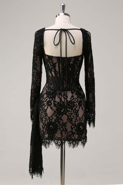 Black Long Sleeves Mini Bodycon Lace Party Dress