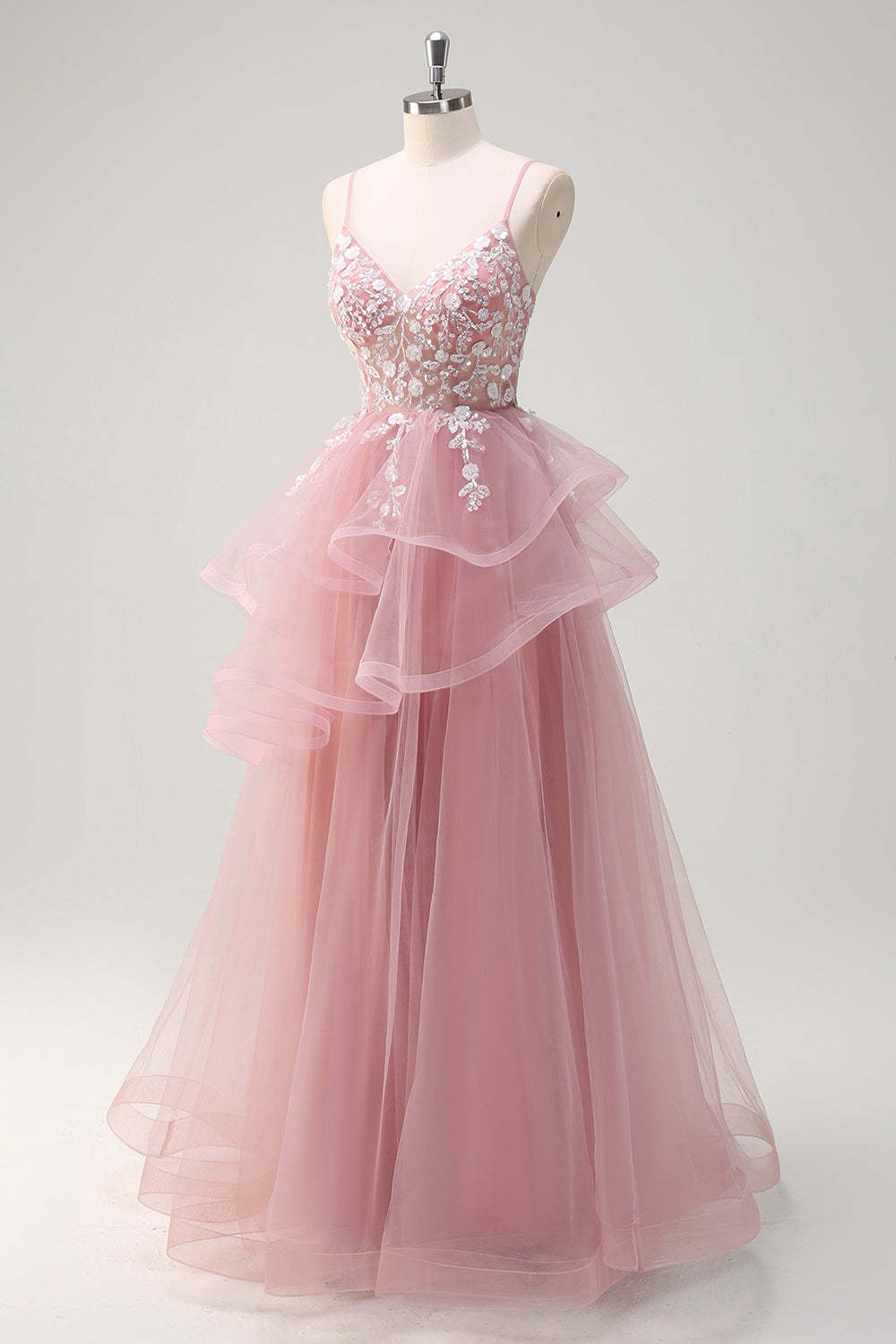 Grey Pink A-Line Spiral Ruffle Tiered Long Corset Prom Dress with Appliques