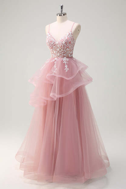 Grey Pink A-Line Spiral Ruffle Tiered Long Corset Prom Dress with Appliques