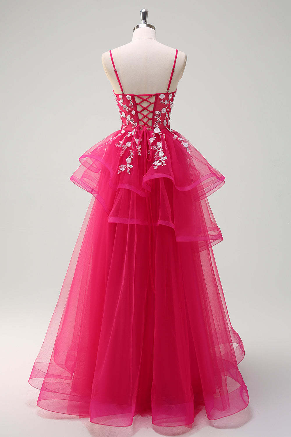 Fuchsia Sequined Applique A-Line Ruffled Prom Dress