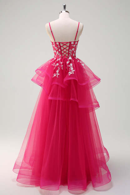 Fuchsia Sequined Applique A-Line Ruffled Prom Dress